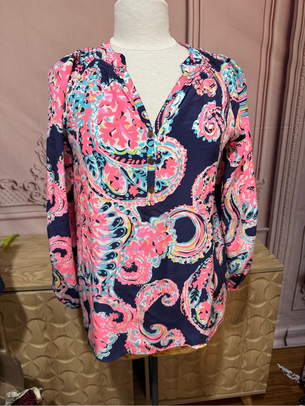 Preloved Lilly Pulitzer Silk Multicolor Print Long Sleeve Blouse Size Small silk